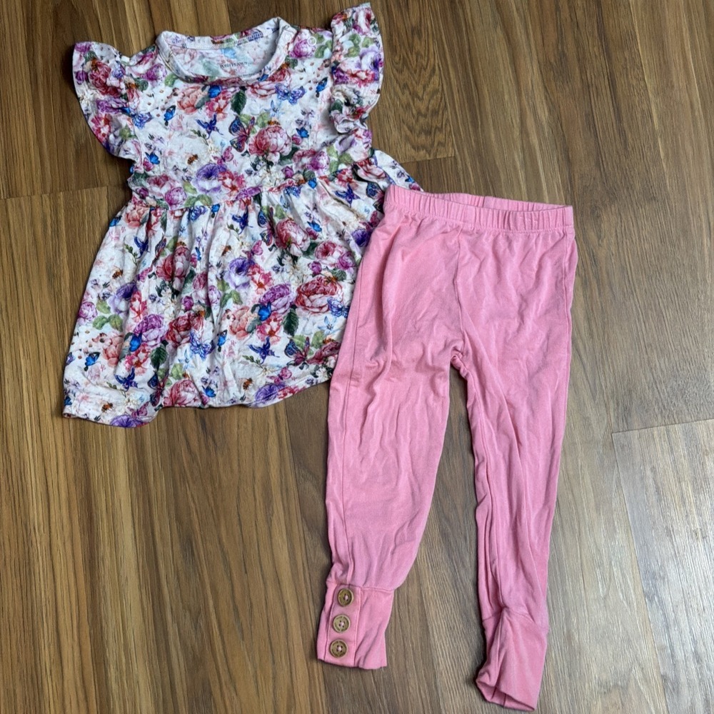 Posh Peanut Toddler Girls 2T Outfit Pink Butterfly Flowers Twirly Shirt Pants VG